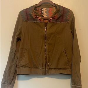 Free People Green Bomber Jacket with Geometric Collar